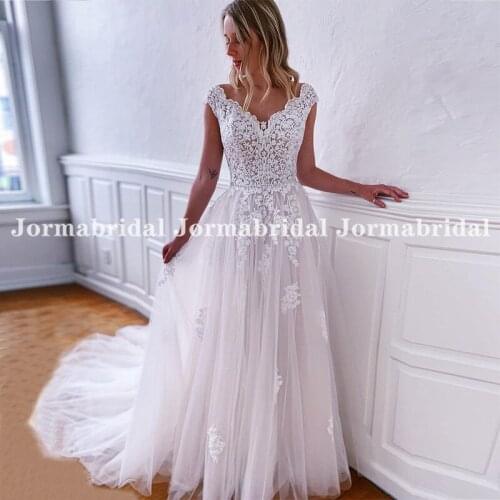 Charming Cap Sleeves A-line Wedding Dresses With France Appliques Illusion Bodice Robe de Mariee Backless Tulle Bridal Gowns