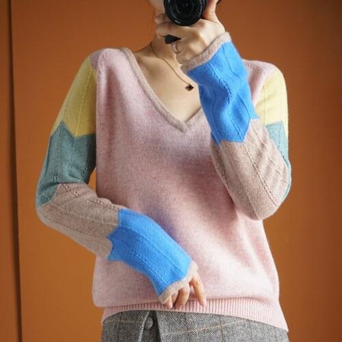 Autumn and Winter New Color Sleeves Color-Matching V-Neck 100% Wool Sweater Loose Warm Sweater Pure Wool Knitted Pullover