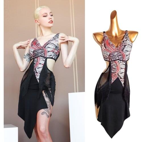 Sexy Latin Dance Dress V-Neck Waist Hollow Out Performance Stage Costume ChaCha Samba Tassel Dress Competition Clothes VDB3967