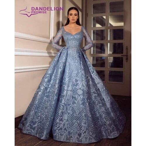 Generous Dubai Evening Dress for Women 2020 Long Sleeves Aline Luxury V-Neck Crystal Handmade Lace Arabic Prom Formal Party Gown