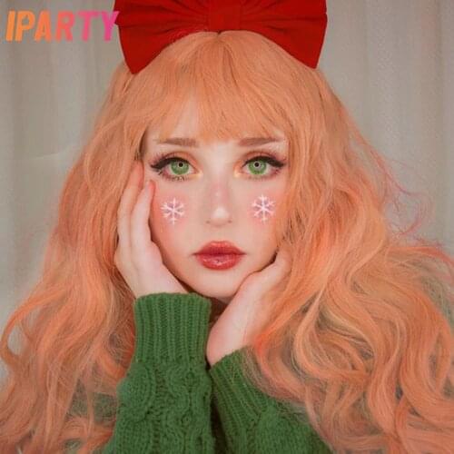 Pink Colored Synthetic Wig With Bangs Long Body Wave Soft Fluffy Natural Lolita Cosplay Machine Made Hair Wigs For Women IPARTY