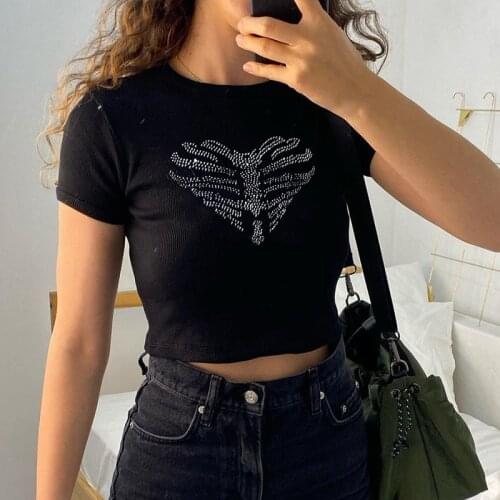 Rhinestone Female clothing Short Sleeve Skull goth Cotton Y2k Tops short sleeve Sexy fairy grunge Slim Cropped T Shirt Crop Top