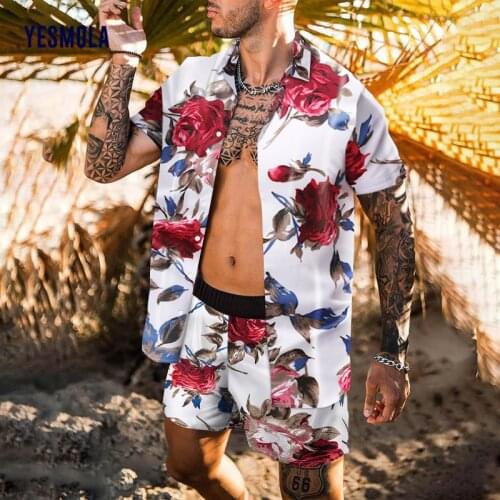 YEAMOLA 2021 Summer Beach Fashion Hawaii Suit Printing 2PC Sets for Men Short Sleeve Shirt and Drawstring Shorts Suits