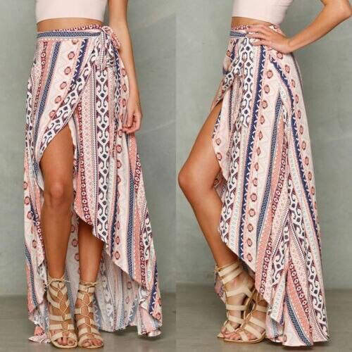 Women Boho Long Maxi Chiffon Skirt Beach Cover Up Split Skirt Asymmetrical Skirts