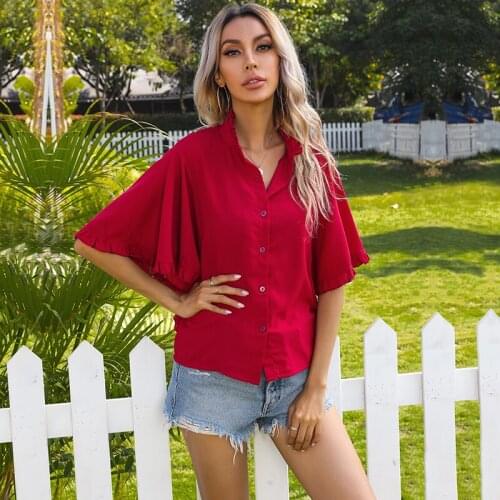 Womens Shirt 2021 Summer New Short-Sleeved Chiffon Shirt Solid Color Fashion Tops Shirts Women Camisas De Mujer Chemise Femme