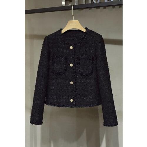 New 2021 Spring Women Luxury Fashion Black Tweed Jacket Coat Ladies Casual Outerwear Overcoat