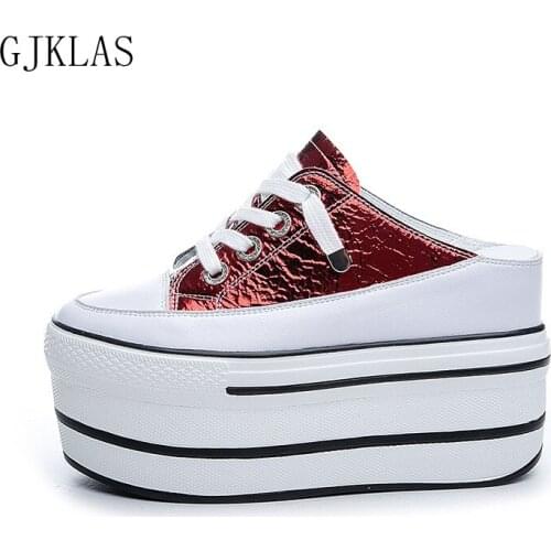 Real Leather Half Slippers Women Wedge Sneakers Platform Women Shoes High Heel Chunky Vulcanize Shoes Plateforme Sneaker Mujer