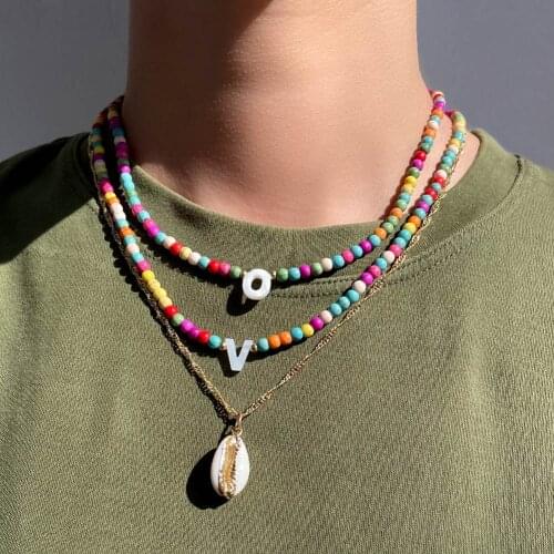 Summer Beach 26 Initials Natural Shell Turquoise Beaded Necklace For Women Layer Shells Pendant Beads Chain Choker Boho Jewelry