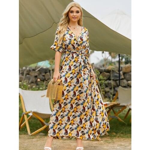 2021 New ladies Print V-Neck Beach Maxi Dress Laced up Casual Flared sleeves Women Party Dresses Vestidos Plus Size 5XL Summer