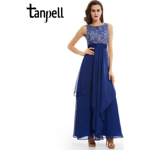 Tanpell scoop evening dress cheap blue sleeveless a line ankle length dresses women prom draped zipper up formal evening dress