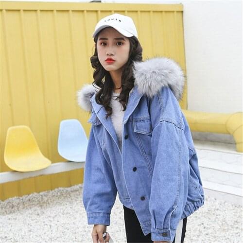 Winter Women Jean Jacket Coat Faux Fur Collar Fleece Hooded Jacket Lamb Fur Cashmere Cowgirls Padded Denim Coat