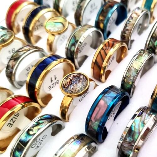 Bulk lots 50pcs/lot Assorted Design & Color Stainless Steel Shell Ring 6mm 8mm Quality Comfortable Wearing Wedding Bands Jewelry