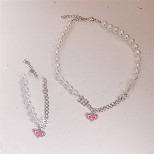 Harajuku Metal Pink Heart Shape Pendant Necklaces for Women Fashion Neck Pearl Chains Jewelry Elegant Vintage Letter Choker New