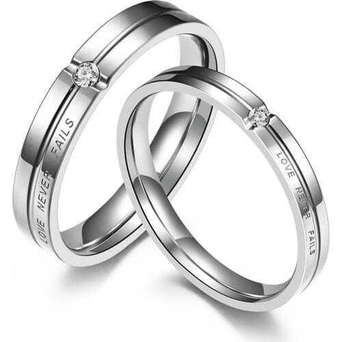 Love Never Fails Woman Men Rings for Engagement Anniversary Festival Gift Stainless Steel Rhinestone Couple Ring Promise Jewelry