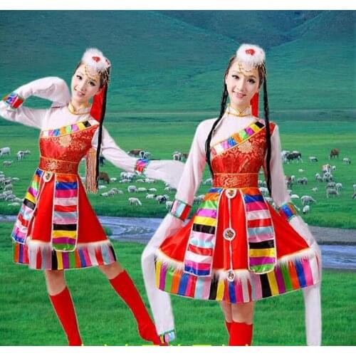 4 PCS Dress+belt+headwaer+shoes Tibetan Dance Costume Women Chinese Nation Dance Clothes Female Mongolian Costumes 18