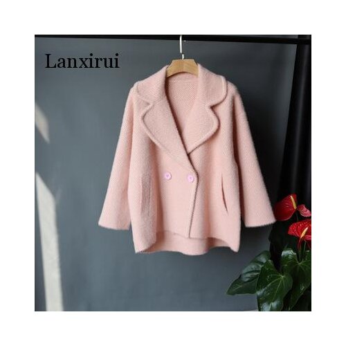 Faux Mink Cashmere Short Cardigan Women Striped Knitted Sweater Jacket Double Breasted Fashion Winter Jacket Lady Cardigans Coat
