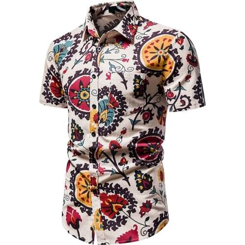 Summer Fashion Casual Men Baggy Beach Hawaiian Print Short Sleeve Button RetroLinen Shirts Tops Blouse Men Shirt Summer New