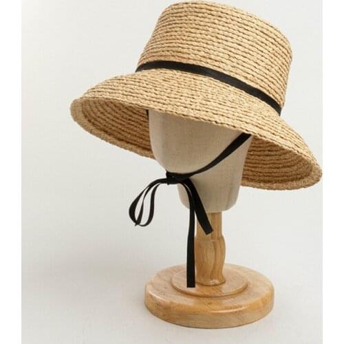 Girls Summer Raffia Cap Black Ribbon Decorate Straw Hat Girls Children Panama Hat Kids Sun Cap Outdoor Beach Hats Wholesale