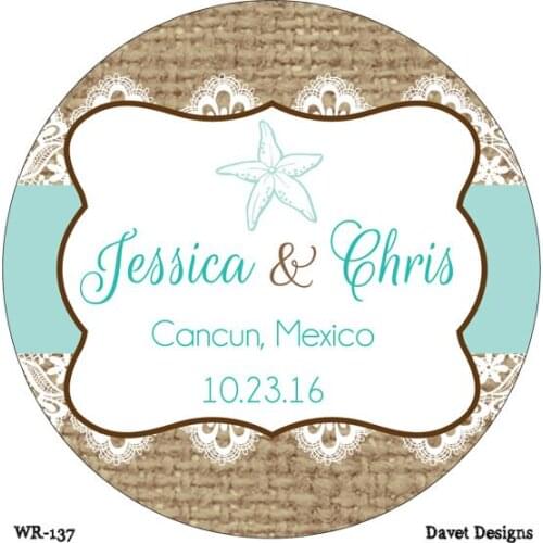 50 pieces Custom Wedding Stickers Labels Sea Shell Beach Classic Round Sticker,Personalized Name and Date, Label or Tags