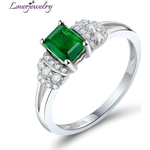 LOVERJEWELR Natural Green Emerald Wedding Ring Solid 18K White Gold Shinning Diamond anillo Fine Jewelry For Women Gemstone Gift