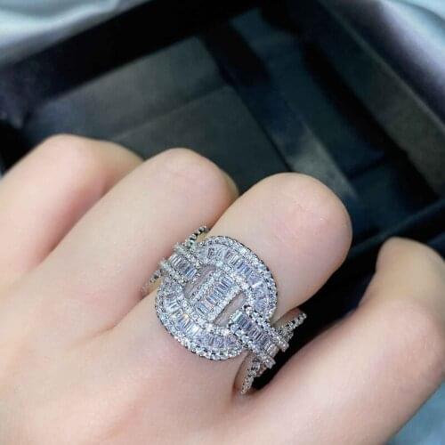 New Luxury Open Rings Full Inlay Dazzling Crystal Zircon Geometry Punk Silver Jewelry For Women Wedding Party Hiphop Accessories
