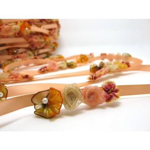 Orange Peach Flower Rococo Ribbon Trim|Decorative Floral Satin Ribbon|Scrapbook Materials|Clothing|Decor|Craft Supplies
