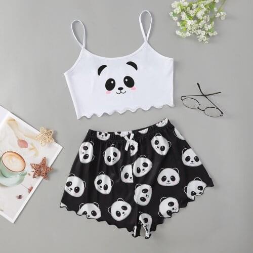Panda Print Pajama Set Summer Sexy Sleepwear Pyjamas Women Sweet Soft Comfortable 2 Piece Home Suit Loungewear Lingerie