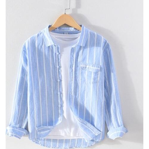 Striprd Long Leeve Shirt for Men Cotton Linen Turn-down Collar Tops Male Fashion Casual Button Up Vintage Clothing