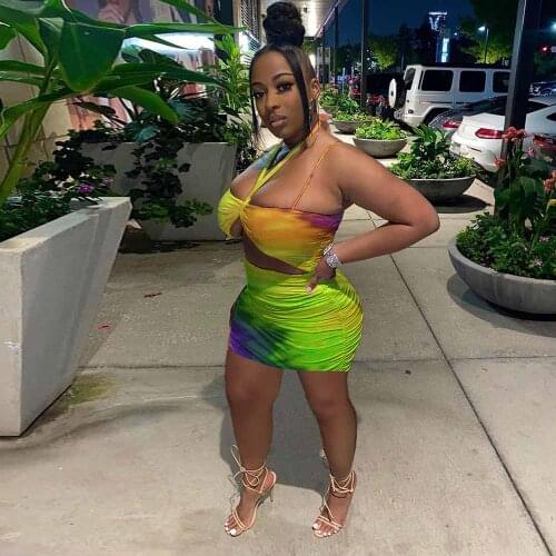 Waist Band Cut Out Summer Party Club Dresses Women Spaghetti Strap Backless Birthday Dress Fashion Tie Dye Print Bandage Dress