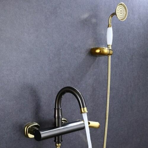 Luxury Gold Plated Solid Brass Gold / Chrome Shower Set Headshower Mixer Swivel Spout Bath Faucet Wall-Mount Crock Bibcock