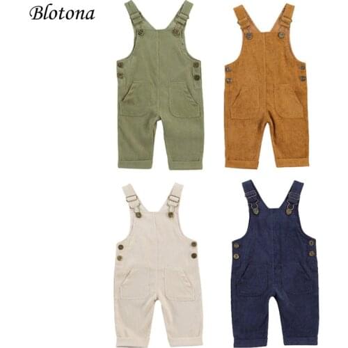 Blotona Baby Boys Suspender Pants with Buttons Loose Fit Solid Color Trousers with Pockets, Adjustable Buckle Outfit, 0-24Months