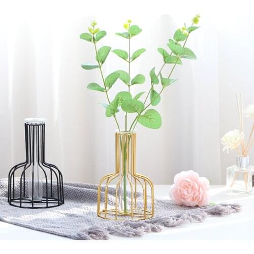 Nordic Golden Glass Vase Terrarium Geometric Iron Line Vase Hydroponic Plant Flower Vase Metal Plant Holder Home Decor Modern