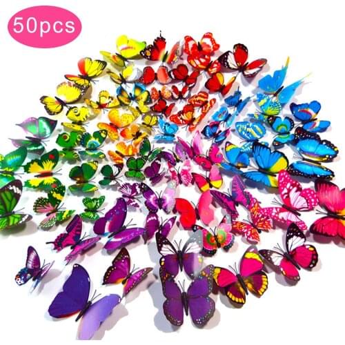 Random 50PCS 3D Simulation Butterfly Sticker Home Decoration Refrigerator Wall Stickers Wedding Party Decoration Fake Butterfly