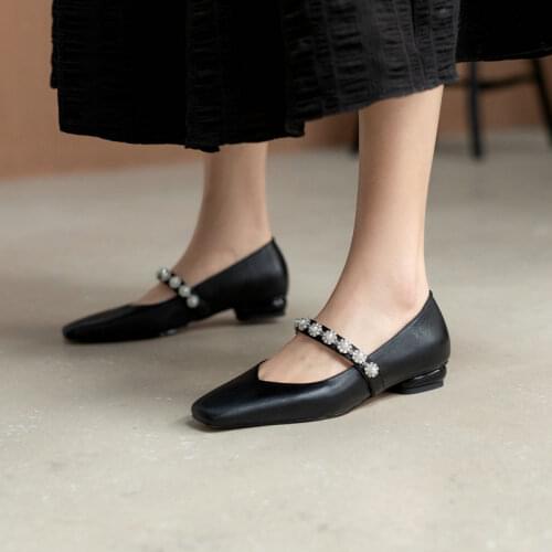 Women Casual Pumps Genuine Leather Leather Square Toe Cross-Tied Pumps Round Heels Spring Summer Prom Dancing Shoes Woman
