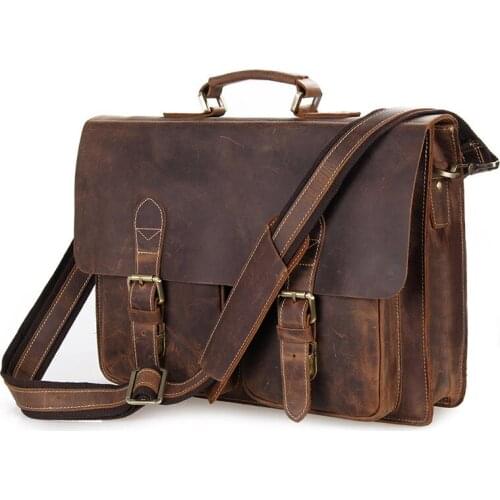 Mens Breifcase Crazy Horse Leather Vintage 15 inch Laptop Bags 2018 Man Casual Business Brown Shoulder Crossbody Tote Handbags