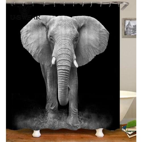 New High Quality Shower Curtain Elephant Printing 3D Polyester Fabric Waterproof Mildewproof Bathroom Curtain with 12 Hooks
