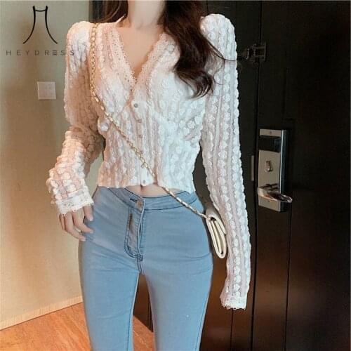 Heydress 2021 Autumn Korean Style Short White Lace Shirt Women V-neck Long Sleeve Cardigan Vintage Female Blouses Elegant Blusas