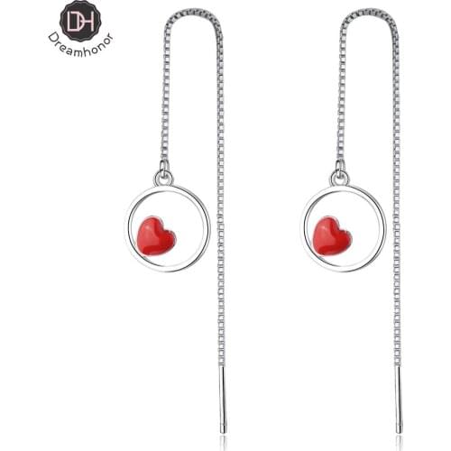 Dreamhonor 2021 Long Chain Hanging Earrings For Women Round Circle Red Heart Dangle Statement Earrings Wedding Jewelry