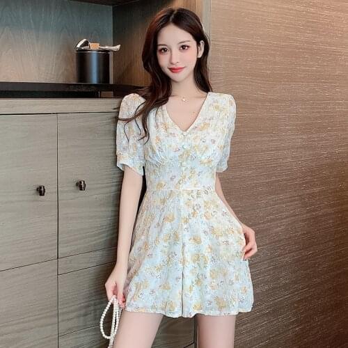 2021 NEW Womens Summer Print Jumpsuit Casual Slim Short Sleeve V-Neck Lace Beach Rompers Bodycon Elegant Playsuit