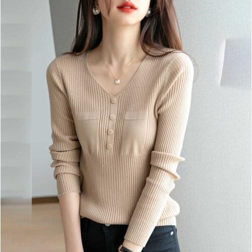 Autumn and winter womens new sweater 2021 tops womens v-neck slim-fit sweater long-sleeved shirt tide vintage sweater