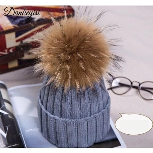 Winter Caps Knitted Beanie Hat With Raccoon Fur Poms For Women Hip Hop Skullies Cap Real 18cm Fur Pompom Beanies Cap