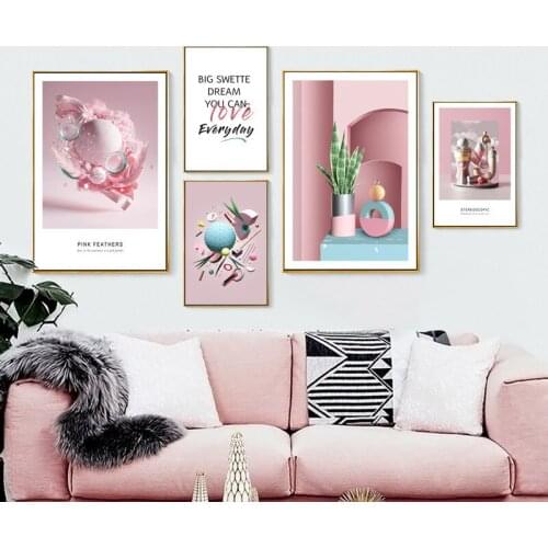 Geometric Abstract Pink Feather Poster Printing Canvas Painting Flower Living Room Mural Wall Artist Home Decoration Painting