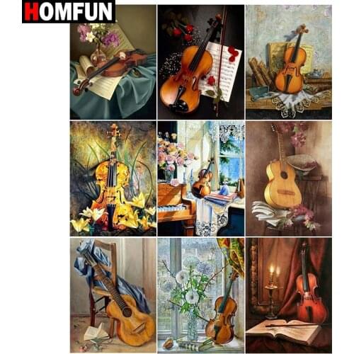 HOMFUN 5D DIY Full Diamond Embroidery "Violin window flower" Diamond Painting Cross Stitch Rhinestone Home Decoration