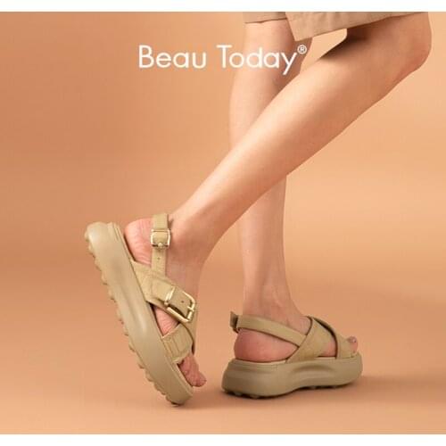 BeauToday Platform Sandals Women Calfskin Leather Stone Pattern Metal Buckle Summer Outdoor Ladies Casual Shoes Handmade 38177