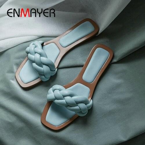 ENMAYER Square Toe Sweet Pinky Color Slippers Microfiber Leather Synthetic Solid Summer Outside Women Slippers Women Shoes 34-43