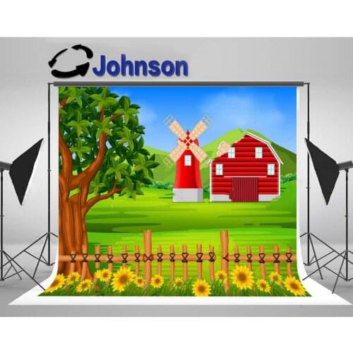 Red barn Farm Sunflower tree fence windmill backgrounds High quality Computer print children kids backdrop