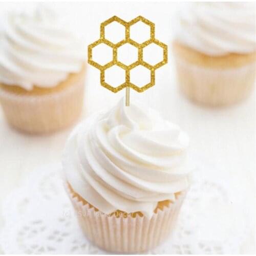 Custom Honeycomb Glitter Cupcake Toppers, Bee Toppers, Spring Party Decor, Bumble Bee Themed Party Decor,Honeycomb Food Picks