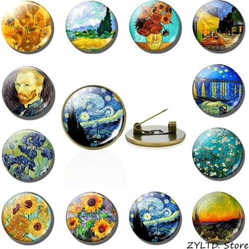 Van Gogh Art Oil Painting Sunflower Brooch Pin Glass Dome Van Gogh Starry Night Brooch Jewelry Accessories Gift for Girlfriend