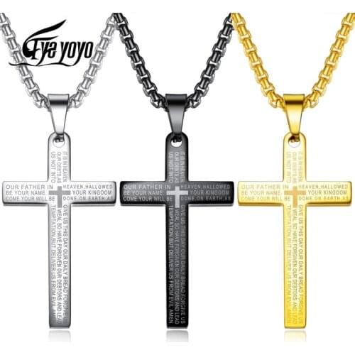 EyeYoYo Classic Mens Bible Cross Pendant Necklace Stainless Steel In Black Gold Color Regilous Christian Male Choker Jewelry