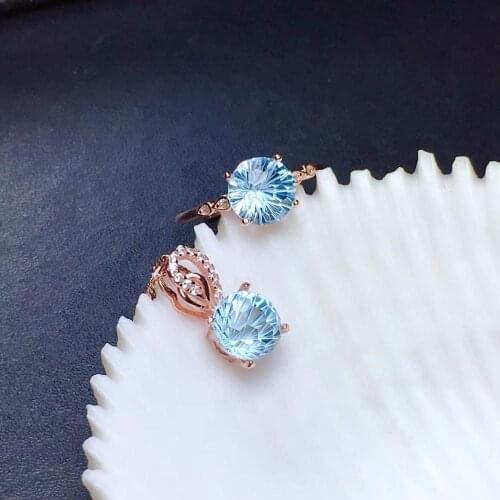 Classic ocean blue Topaz gemstone ring necklace jewelry set 925 sterling silver natural gem high purity fireworks cut party gift